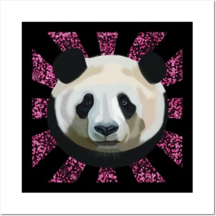 Striking Panda bear on Pink Random Spotted patterned sun rays Posters and Art